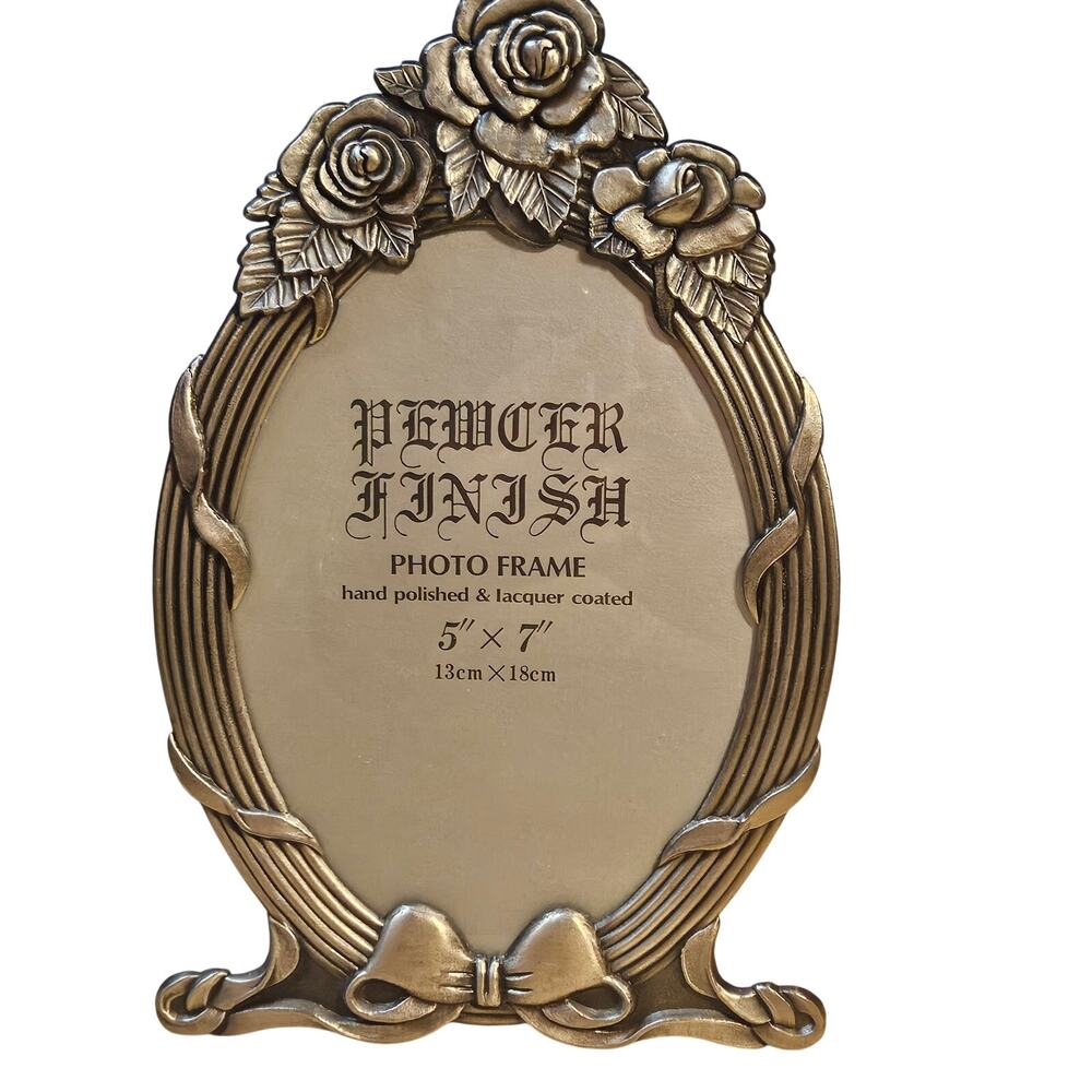 Vintage Weston Gallery Pewter Oval Picture Frame 5x7 Ornate Rose Bow Tabletop